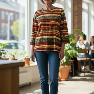 Anne Klein Multicolor Striped Knit Blouse - Red, Green, Yellow, Brown